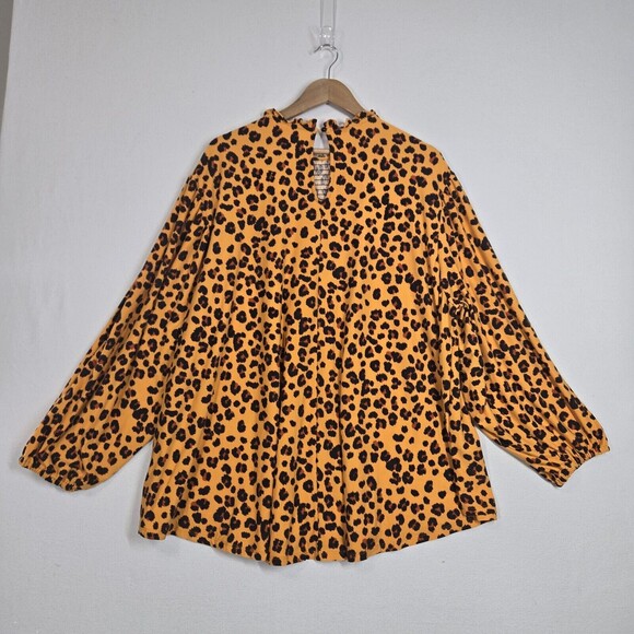 Lularoe Clara Smock Blouse Sz 3XL Orange Black Animal Print Keyhole Back Stretch - Picture 6 of 11